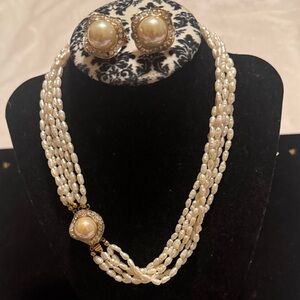Genuine Rice Pearls 6 Strands with Faux Pearls Clasp & Faux Pearls Earrings Set